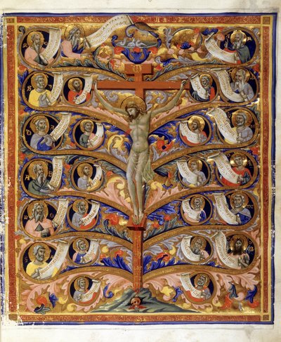 Trivulziana Latin Bible、c.1335-40からの生命の木、または十字架の木のイラスト（テンペラ、金箔、羊皮紙のインク） 作： Pacino di Bonaguida